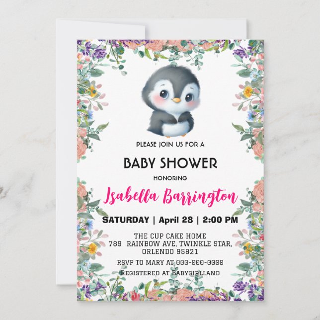 Cute penguin sweet colourful flower baby shower ki invitation (Front)