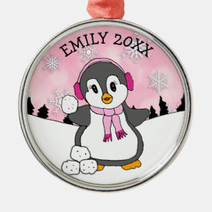 Cute Penguin Throwing Snowballs Christmas Metal Ornament