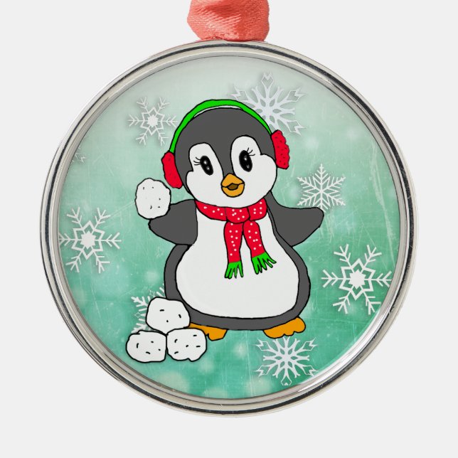 Cute Penguin Throwing Snowballs Christmas Metal Ornament (Front)