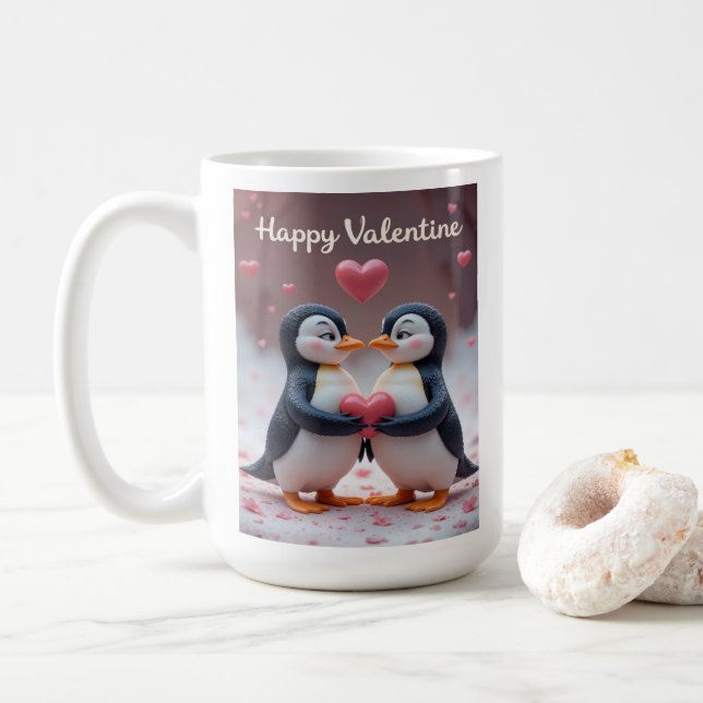 Cute Penguin Valentine Adorable Couple Love Coffee Mug (With Donut)
