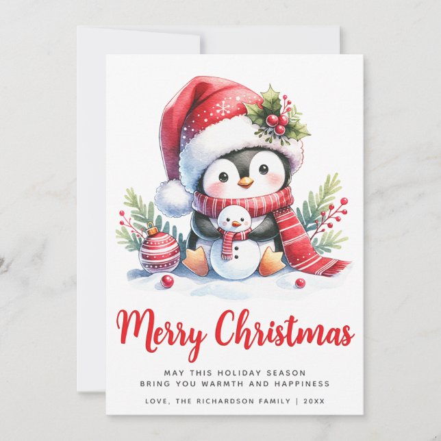 Cute Penguin White and Red Merry Christmas Holiday Card (Front)