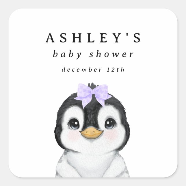 Cute Penguin Winter Baby Shower Square Sticker (Front)