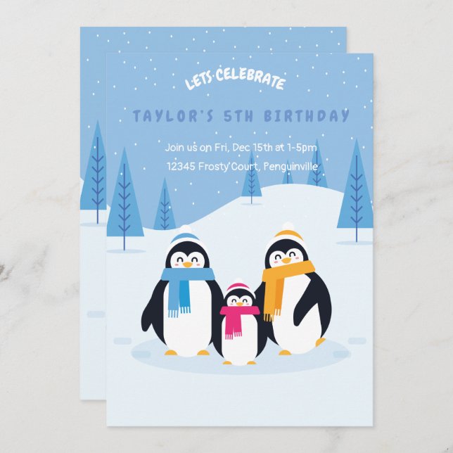 cute penguin winter birthday invitation card (Front/Back)