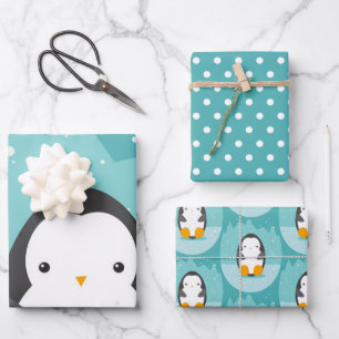 Cute Penguin Winter Cartoon Blue Wrapping Paper Sheet