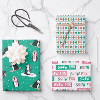 Cute Penguin Winter Fun Pink & Teal Wrapping Paper Sheet