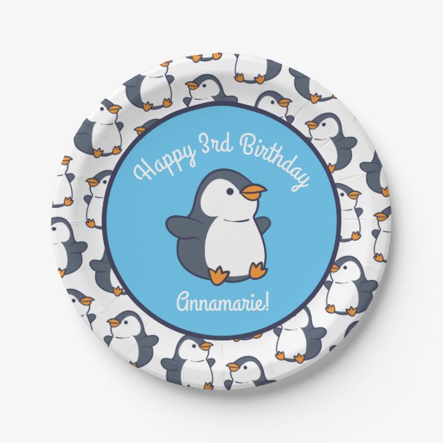 Cute Penguin Winter Kids Birthday Party Paper Plate (Front)