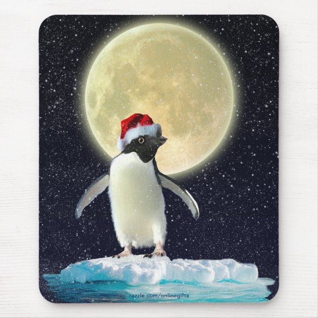 Cute Penguin & Winter Moon Christmas Mousepad (Front)