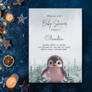 Cute Penguin Winter Snow Baby Shower Watercolor Invitation
