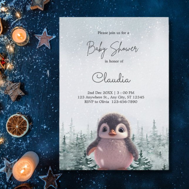 Cute Penguin Winter Snow Baby Shower Watercolor Invitation (Creator Uploaded)