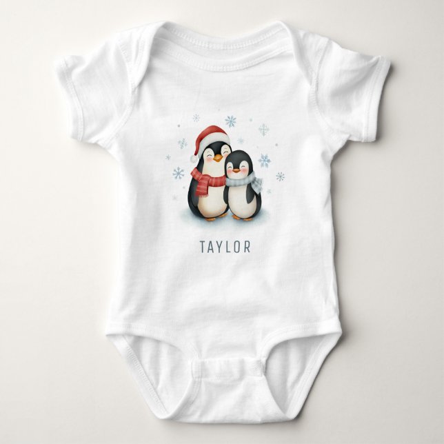 Cute Penguin Wintertime Personalised Baby Bodysuit (Front)
