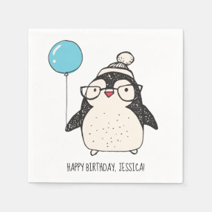 Cute Penguin with a Balloon Personalised Birthday Napkin