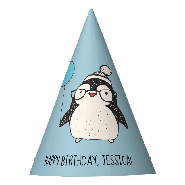 Cute Penguin with a Balloon Personalised Birthday Party Hat (Front)