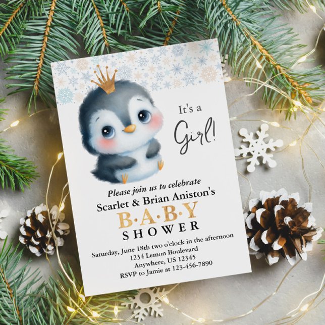 Cute Penguin with a Crown Baby Shower Invitation (Creator Uploaded)