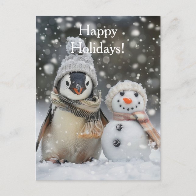Cute penguin with a snowman winter theme postcard (Front)