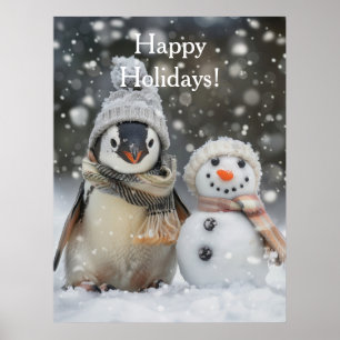 Cute penguin with a snowman winter theme poster