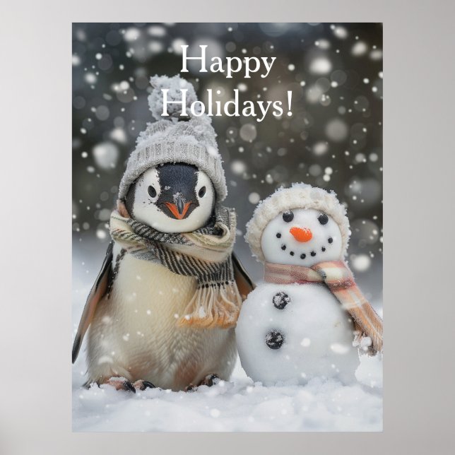 Cute penguin with a snowman winter theme poster (Front)