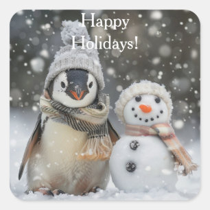 Cute penguin with a snowman winter theme square sticker