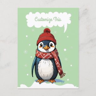 Cute Penguin with Beanie and Scarf in snow fall  Holiday Postcard
