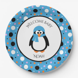 Cute Penguin with Blue Hat and Scarf Polka-Dots Paper Plate