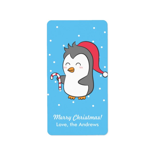 Cute Penguin With Candy Cane Greeting Label (Front)