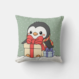 Cute penguin with Christmas gifts in the snowfall Cushion