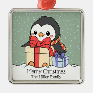 Cute penguin with Christmas gifts in the snowfall Metal Ornament