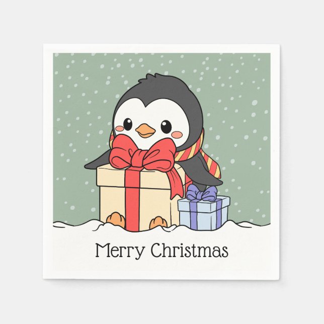 Cute penguin with Christmas gifts in the snowfall  Napkin (Front)