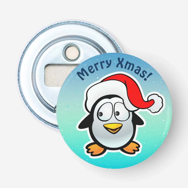Cute Penguin With Christmas Hat Cartoon Bottle Opener (Front)