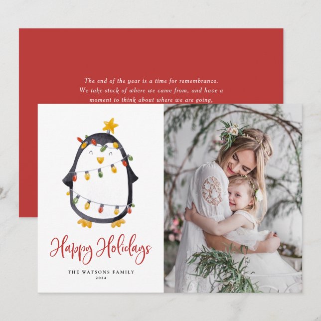 Cute Penguin with Christmas Lights Photo Holiday Card (Front/Back)