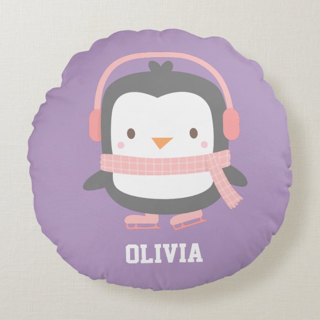 Cute Penguin with Ear Muffs Girls Room Decor Round Cushion (Front)