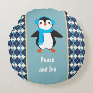 Cute Penguin with Earmuffs Peace and Joy Round Cushion