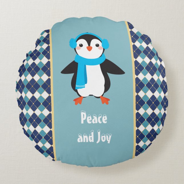 Cute Penguin with Earmuffs Peace and Joy Round Cushion (Front)