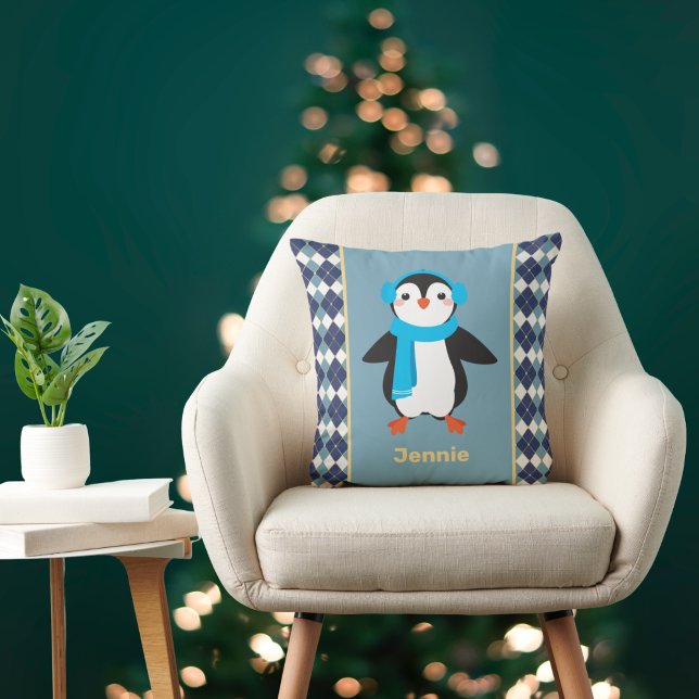 Cute Penguin with Earmuffs with Argyle Accents Cushion (Creator Uploaded)
