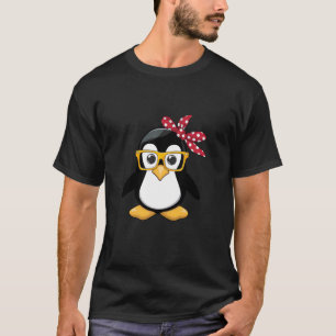 Cute Penguin with Glasses and Polka Dot Bow Design T-Shirt