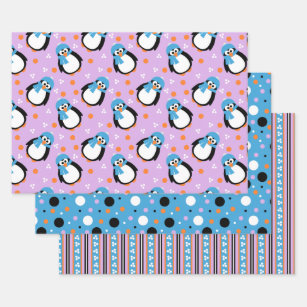 Cute Penguin with Hat and Scarf Stripes Polka-Dots Wrapping Paper Sheet