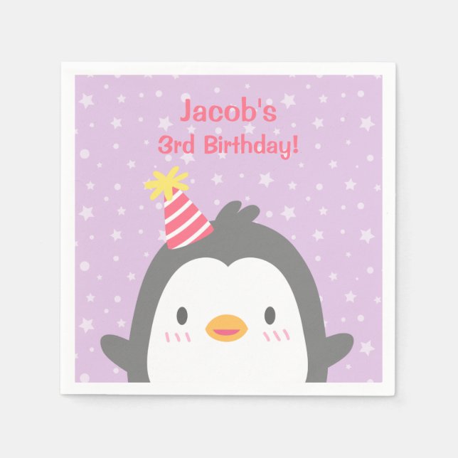 Cute Penguin with Hat Purple Birthday Party Napkin (Front)