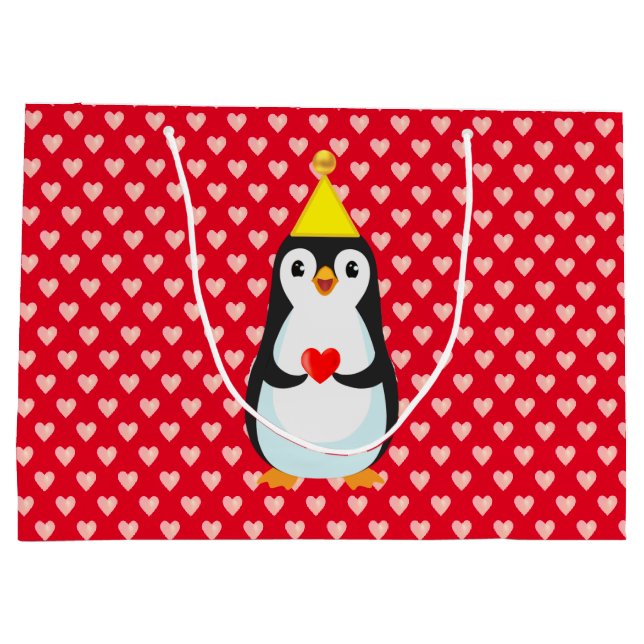 Cute Penguin with Heart on Red Large Gift Bag (Back)