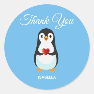 Cute Penguin with Heart on Turquoise Thank You Classic Round Sticker