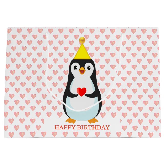 Cute Penguin with Heart Pattern Large Gift Bag (Front)