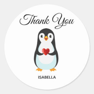 Cute Penguin with Heart Thank You Classic Round Sticker