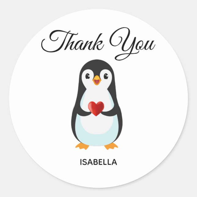 Cute Penguin with Heart Thank You Classic Round Sticker (Front)