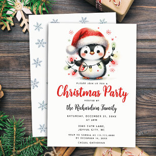 Cute Penguin with Lights Festive Christmas Invitation