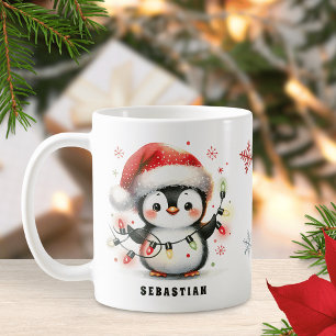Cute Penguin with Lights Personalised Christmas Coffee Mug