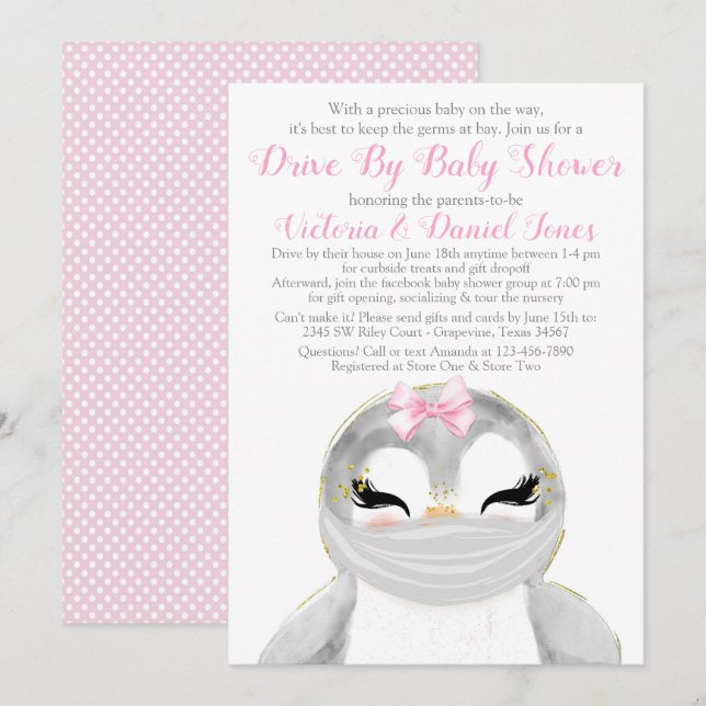 Cute Penguin with Mask Drive By Baby Shower Invitation (Front/Back)