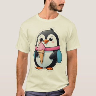 Cute Penguin with Pink Ice Cream Cone Cartoon T-Shirt