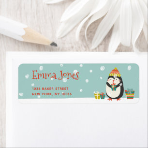 Cute Penguin with Present   Aqua Green Christmas Return Address Label