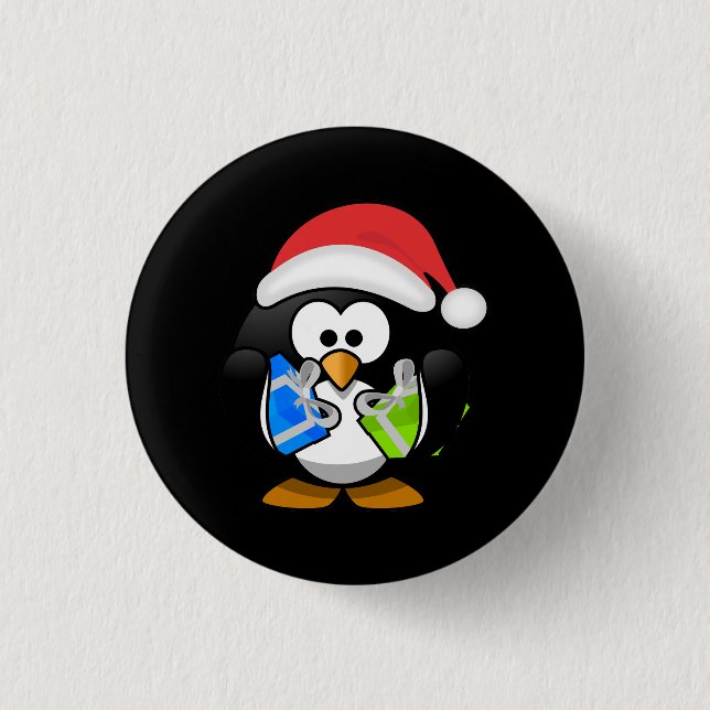 Cute Penguin With Santa Hat And Christmas Gifts 3 Cm Round Badge (Front)