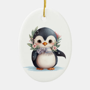 Cute Penguin With Scarf and Holly Ceramic Ornament