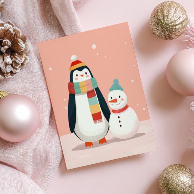 Cute Penguin with Snowman Pastel Pink Christmas Postcard (Creator Uploaded)