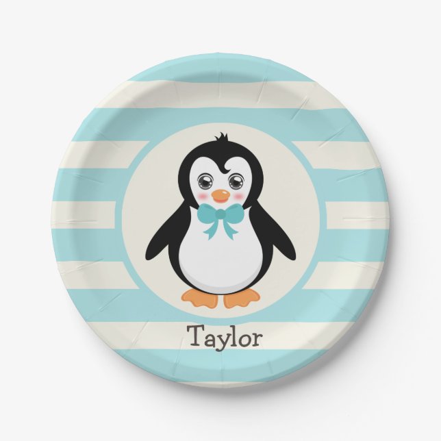 Cute Penguin with Turquoise Bowtie Paper Plate (Front)